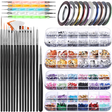 Nail Art Brush, Teenitor 3D Nail Art Decorations Kit with Nail Pen Designer Dotting Tools Colors Holographic Butterfly Nail Glitter Foil Flakes Nail Tape Strips and Multi-Color Nails Rhinestones