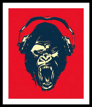 Ape Loves Music With Headphones - Framed Print Framed Print Pixels 25.000" x 30.000" Black White
