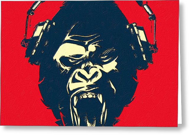 Ape Loves Music With Headphones - Greeting Card Greeting Card Pixels Single Card  