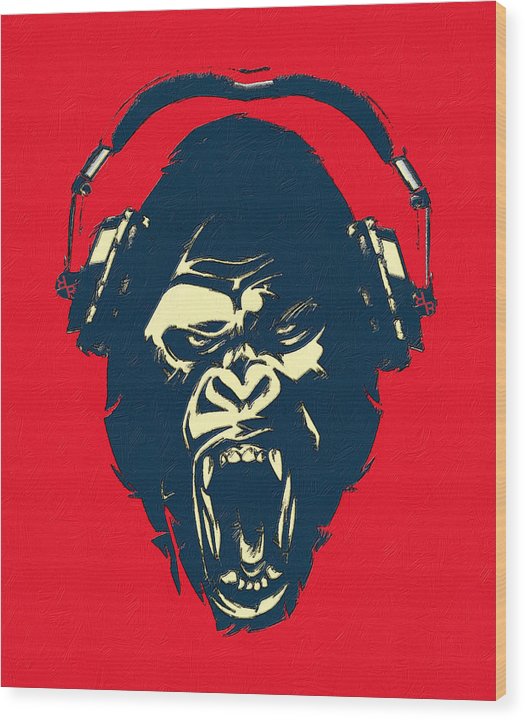 Ape Loves Music With Headphones - Wood Print Wood Print Pixels 6.625