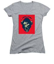 Ape Loves Music With Headphones - Women's V-Neck (Athletic Fit) Women's V-Neck (Athletic Fit) Pixels Heather Small 