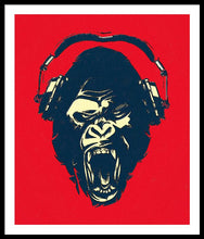 Ape Loves Music With Headphones - Framed Print Framed Print Pixels 33.375" x 40.000" Black White