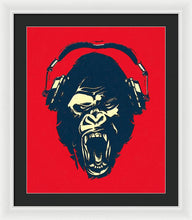 Ape Loves Music With Headphones - Framed Print Framed Print Pixels 20.000" x 24.000" White Black