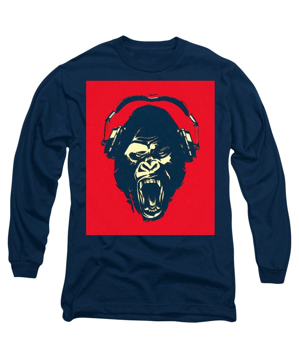 Ape Loves Music With Headphones - Long Sleeve T-Shirt Long Sleeve T-Shirt Pixels Navy Small 