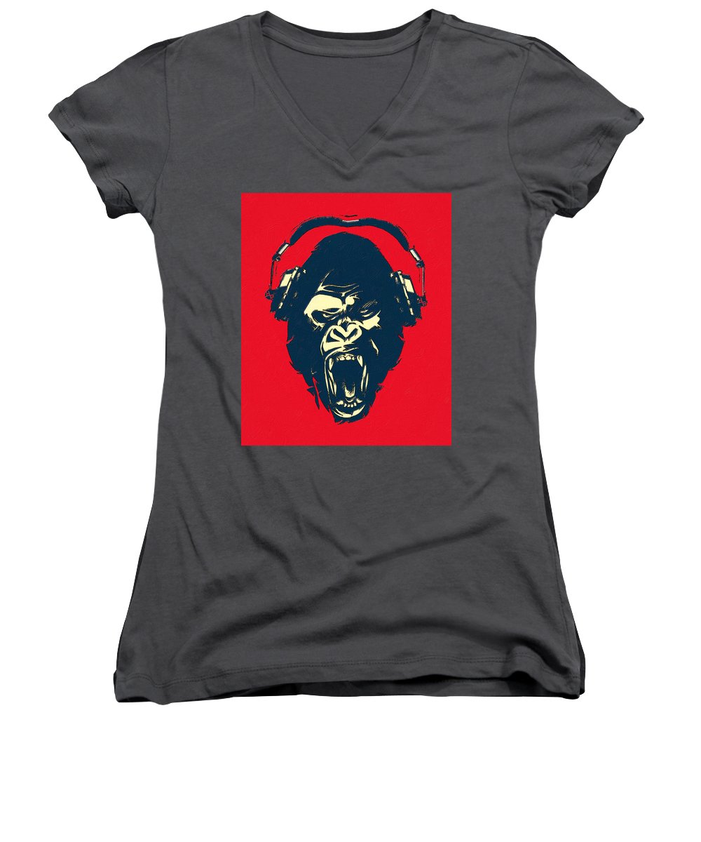 Ape Loves Music With Headphones - Women's V-Neck (Athletic Fit) Women's V-Neck (Athletic Fit) Pixels Charcoal Small 