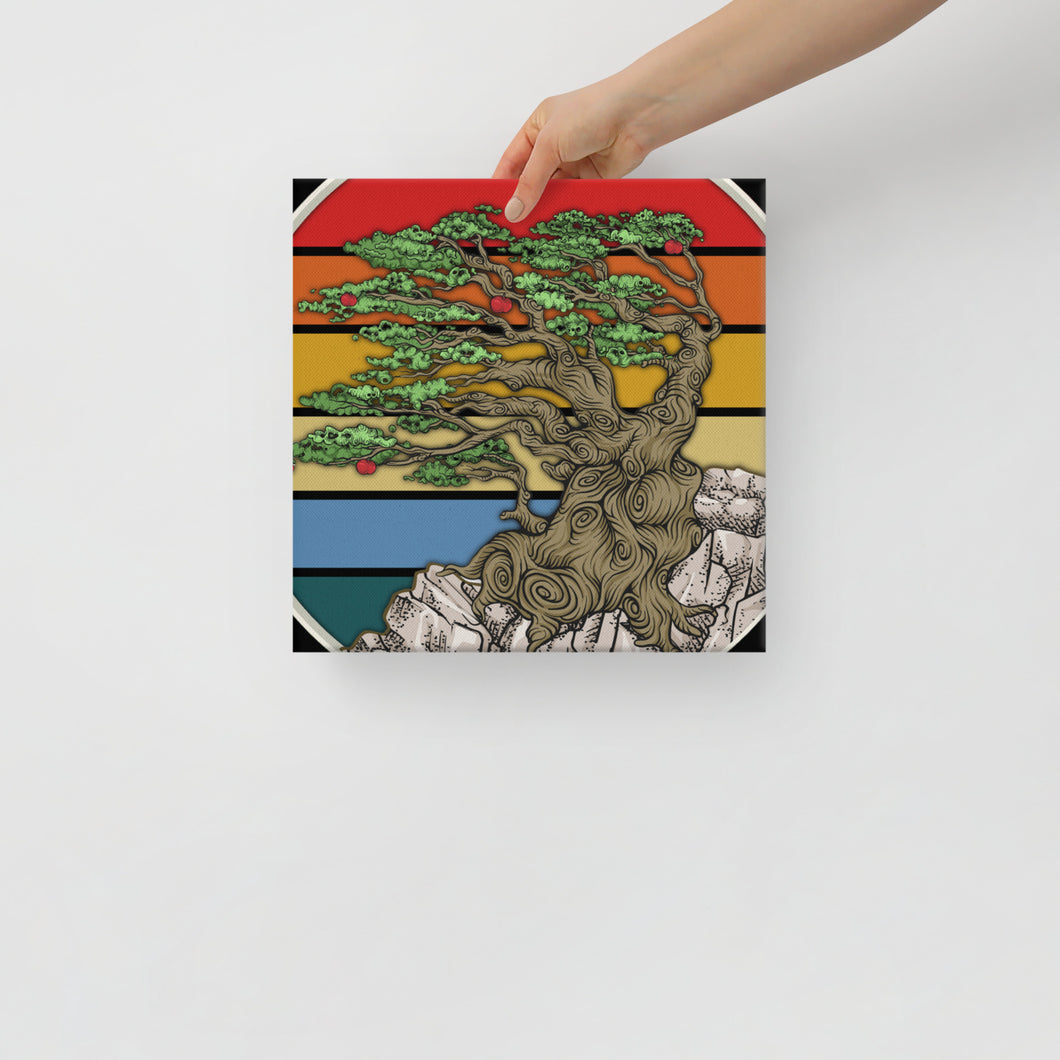 Bonsai Tree In Japanese Zen Buddhist Enso Circle  Retro Sunset Zen Yoga Canvas