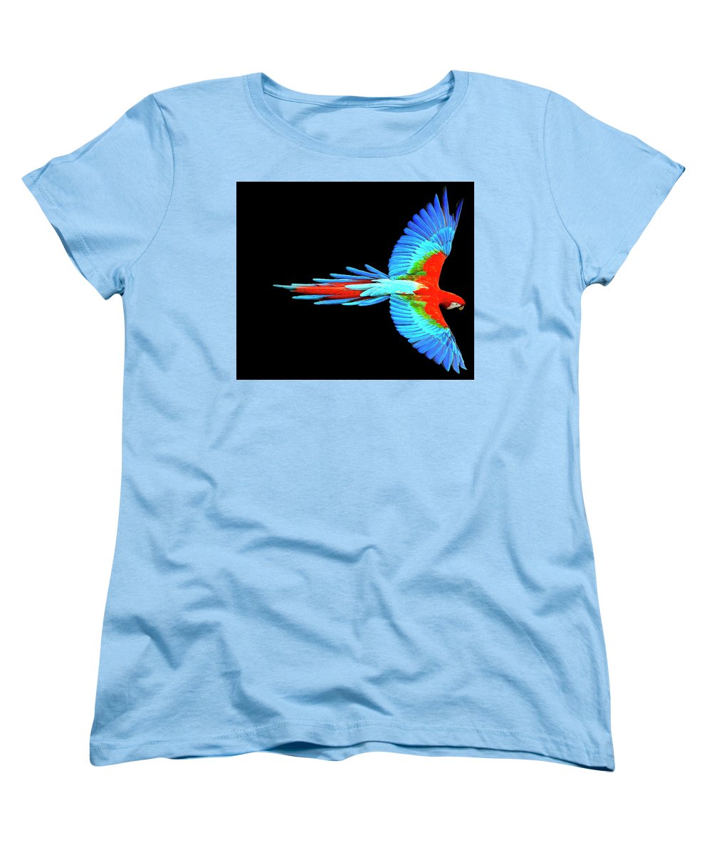 Colorful Parrot In Flight - Women's T-Shirt (Standard Fit) Women's T-Shirt (Standard Fit) Pixels Light Blue Small 