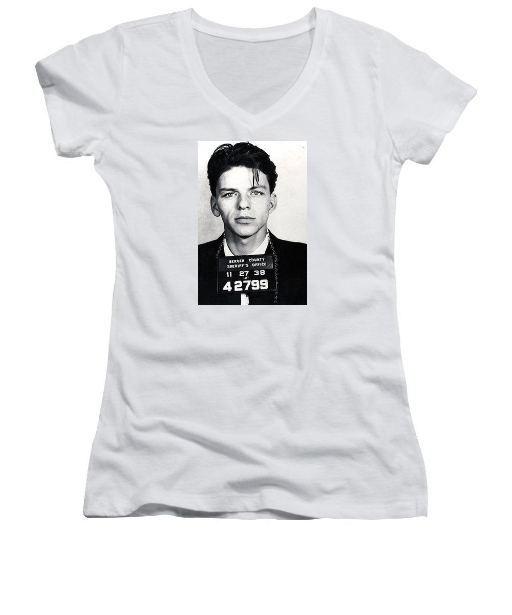 Frank Sinatra Mug Shot Vertical - Women's V-Neck T-Shirt Women's V-Neck T-Shirt Pixels White Small 