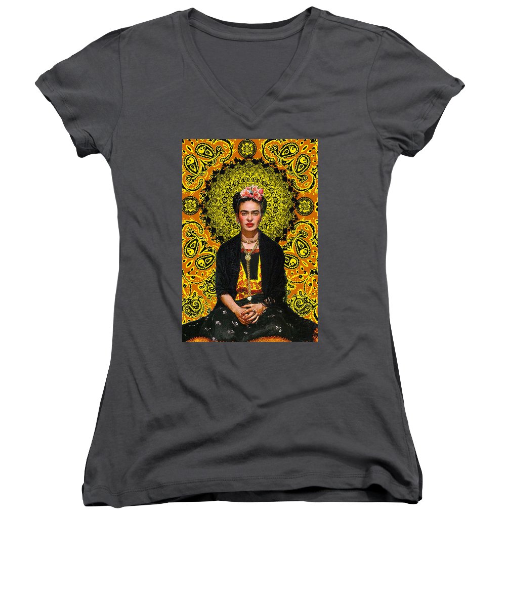 Frida Kahlo 3 - Women's V-Neck (Athletic Fit) Women's V-Neck (Athletic Fit) Pixels Charcoal Small 