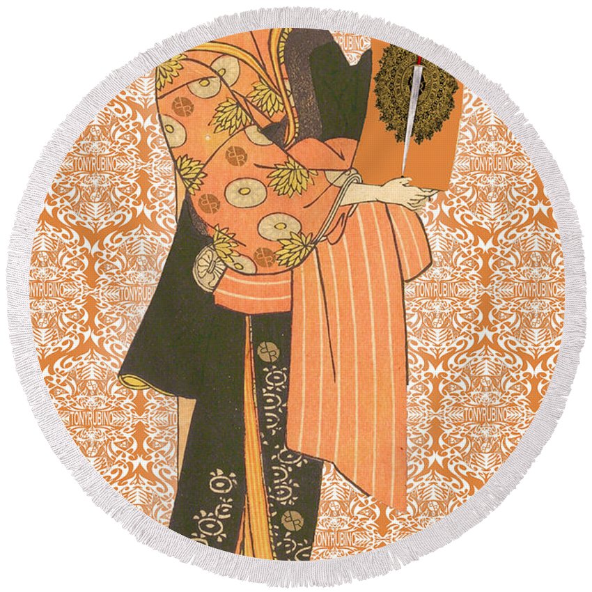 Japanese Woman Rise Rubino                                      - Round Beach Towel Round Beach Towel Pixels 60