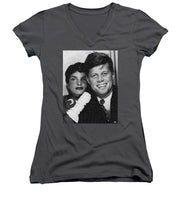 John F Kennedy And Jackie - Women's V-Neck (Athletic Fit) Women's V-Neck (Athletic Fit) Pixels Charcoal Small 