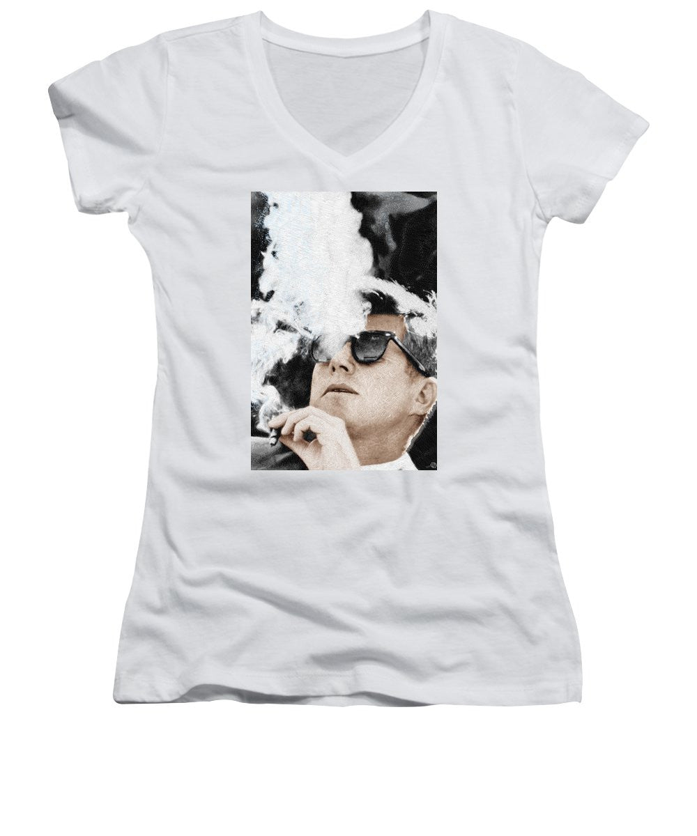 John F Kennedy Cigar And Sunglasses 2 Large - Women's V-Neck T-Shirt Women's V-Neck T-Shirt Pixels White Small 