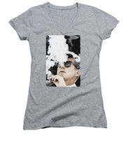 John F Kennedy Cigar And Sunglasses 2 Large - Women's V-Neck T-Shirt Women's V-Neck T-Shirt Pixels Heather Small 