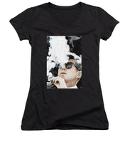 John F Kennedy Cigar And Sunglasses 2 Large - Women's V-Neck T-Shirt Women's V-Neck T-Shirt Pixels Black Small 
