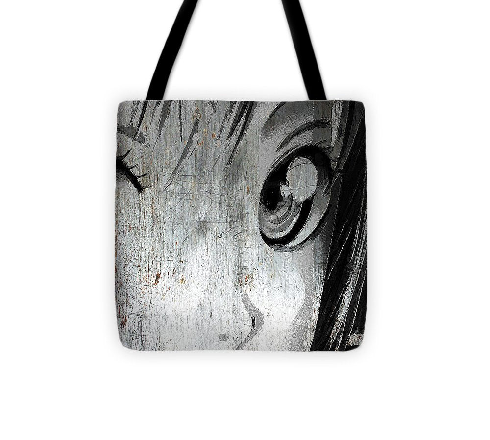 Metallic Anime Girl Eyes 2 Black And White - Tote Bag