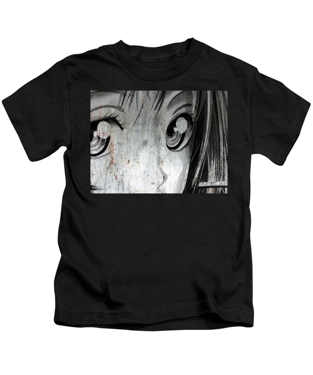 Metallic Anime Girl Eyes 2 Black And White - Kids T-Shirt