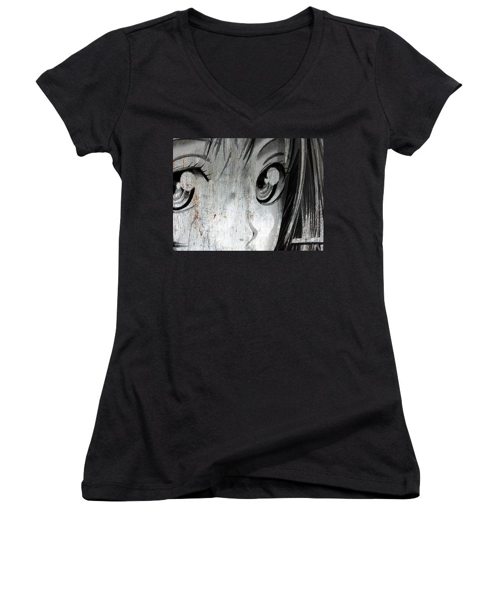 Metallic Anime Girl Eyes 2 Black And White - Women's V-Neck (Athletic Fit)