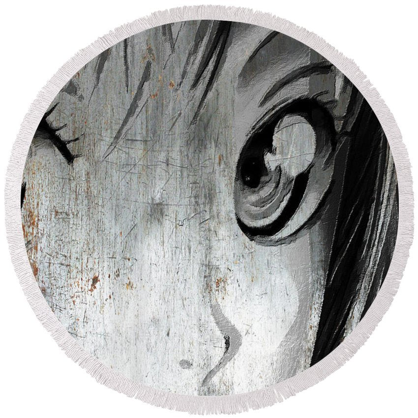 Metallic Anime Girl Eyes 2 Black And White - Round Beach Towel