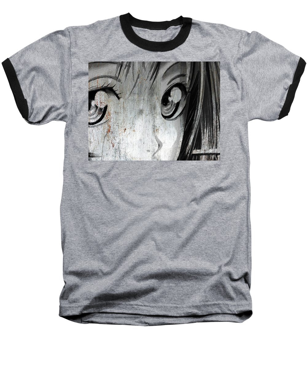 Metallic Anime Girl Eyes 2 Black And White - Baseball T-Shirt