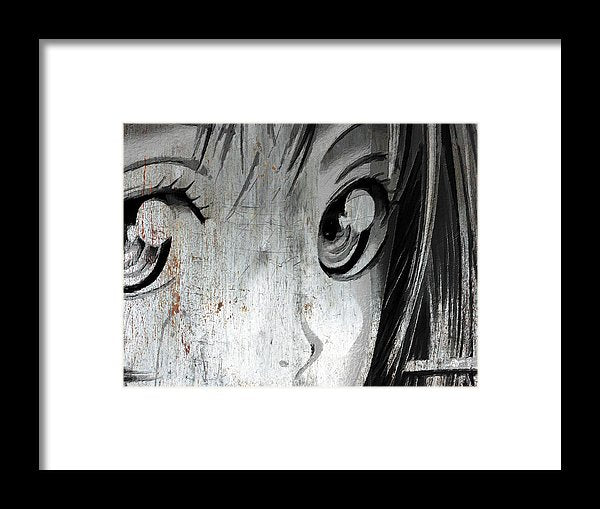 Metallic Anime Girl Eyes 2 Black And White - Framed Print