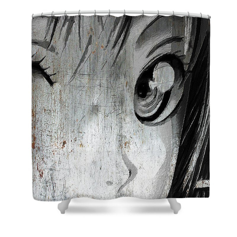 Metallic Anime Girl Eyes 2 Black And White - Shower Curtain