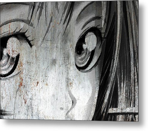 Metallic Anime Girl Eyes 2 Black And White - Metal Print
