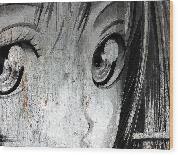 Metallic Anime Girl Eyes 2 Black And White - Wood Print