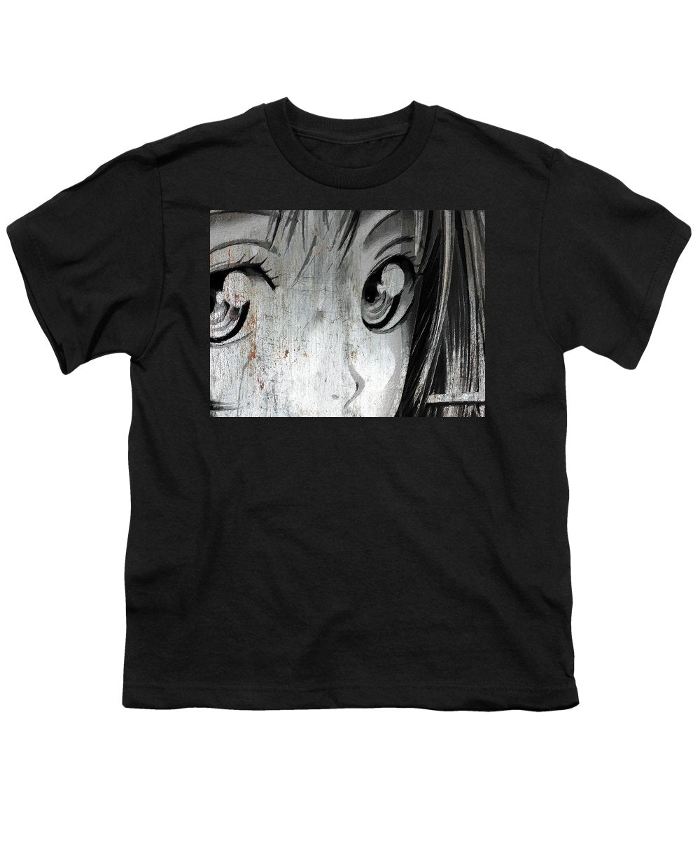 Metallic Anime Girl Eyes 2 Black And White - Youth T-Shirt