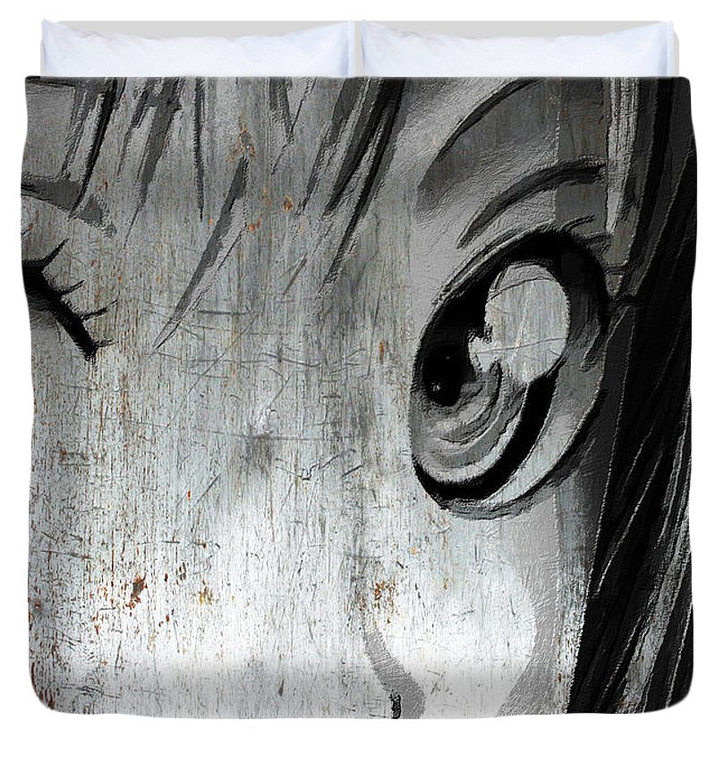 Metallic Anime Girl Eyes 2 Black And White - Duvet Cover