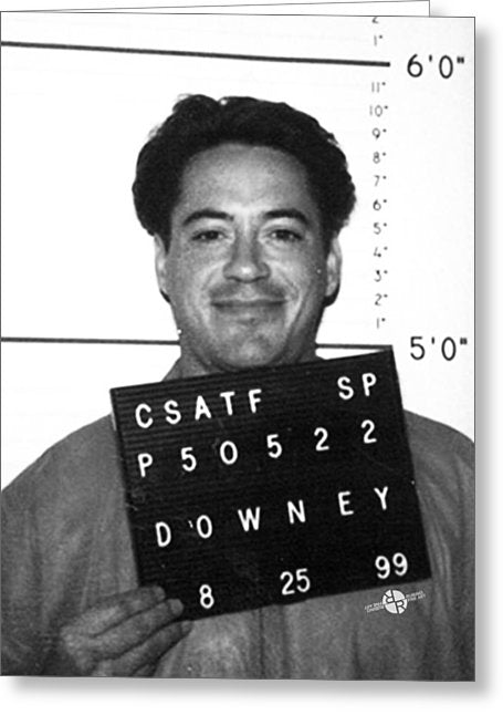Robert Downey Jr Mug Shot 1999 Black And White - Greeting Card