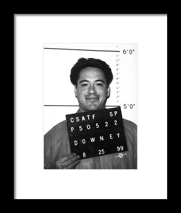 Robert Downey Jr Mug Shot 1999 Black And White - Framed Print
