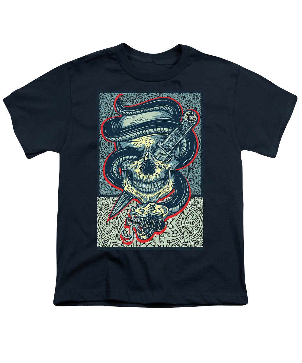 Rubino Logo Tattoo Skull - Youth T-Shirt Youth T-Shirt Pixels Navy Small 