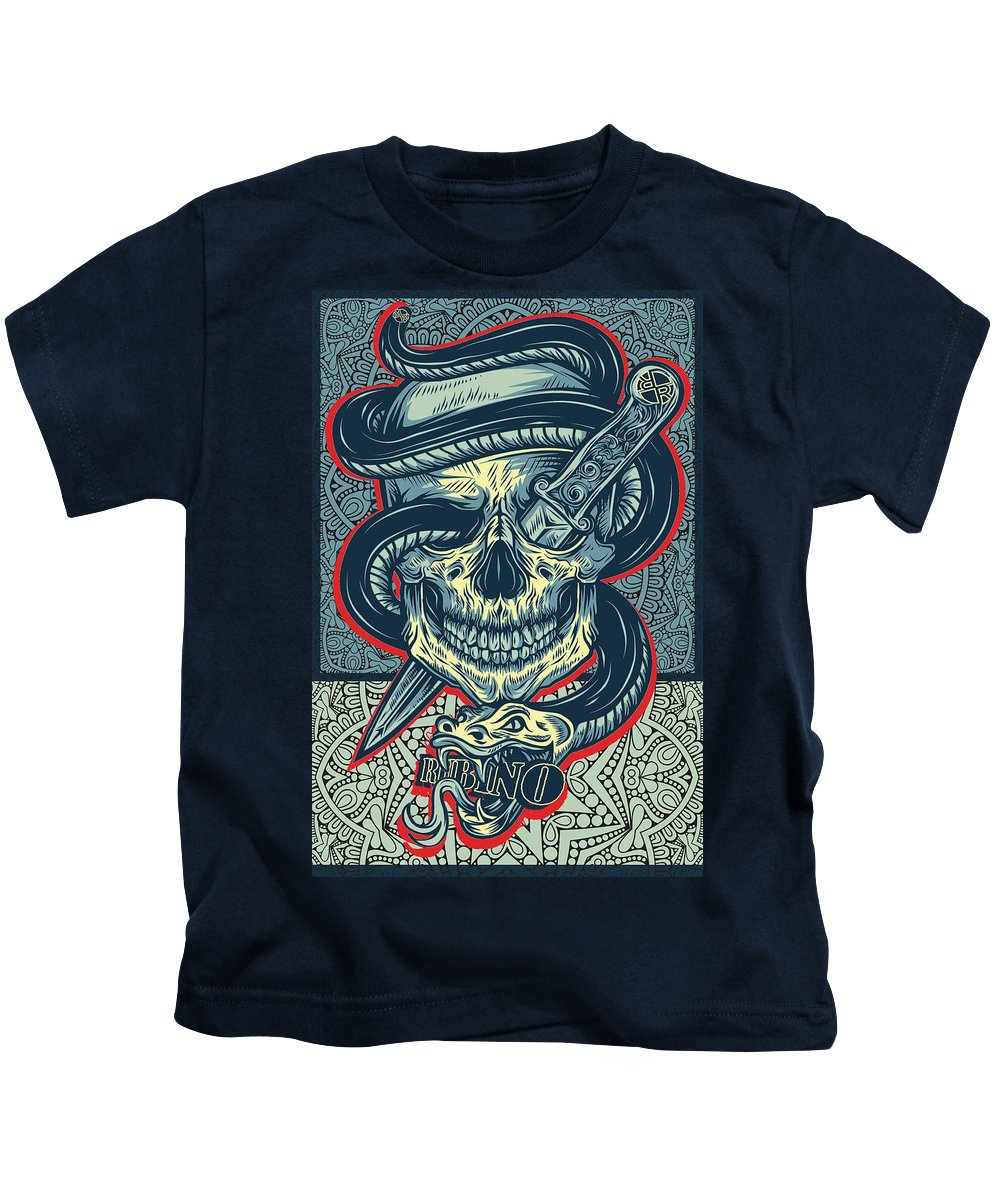 Rubino Logo Tattoo Skull - Kids T-Shirt Kids T-Shirt Pixels Navy Small 