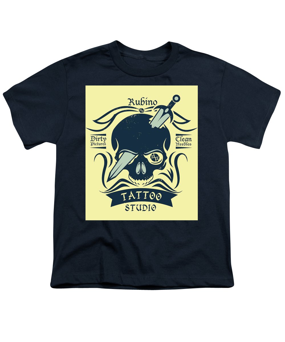 Rubino Motorcycle And Tattoo Skull - Youth T-Shirt Youth T-Shirt Pixels Navy Small 