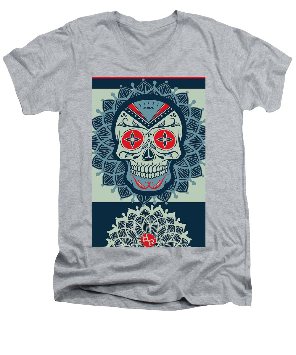 Rubino Rise Skull Reb Blue - Men's V-Neck T-Shirt Men's V-Neck T-Shirt Pixels Heather Small 