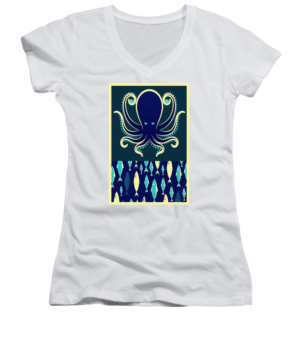 Rubino Zen Octopus Blue - Women's V-Neck (Athletic Fit) Women's V-Neck (Athletic Fit) Pixels White Small 