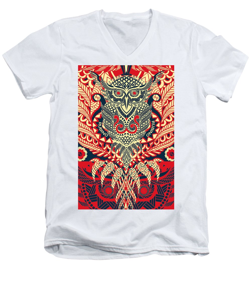 Rubino Zen Owl Red - Men's V-Neck T-Shirt Men's V-Neck T-Shirt Pixels White Small 
