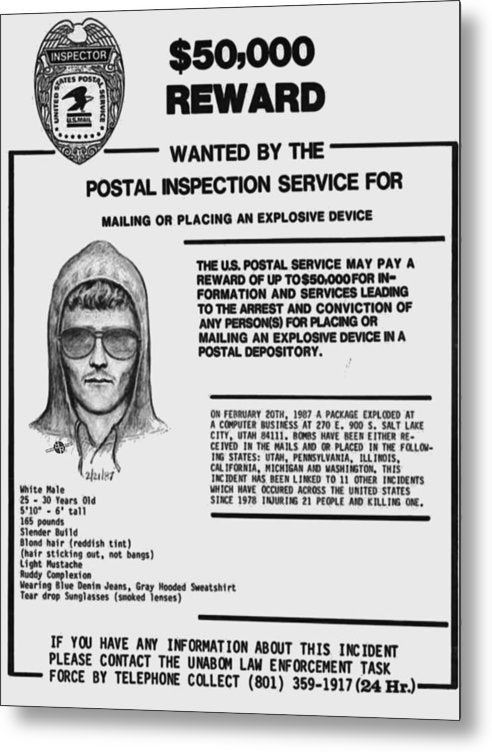 Unabomber Ted Kaczynski Wanted Poster 1 - Metal Print