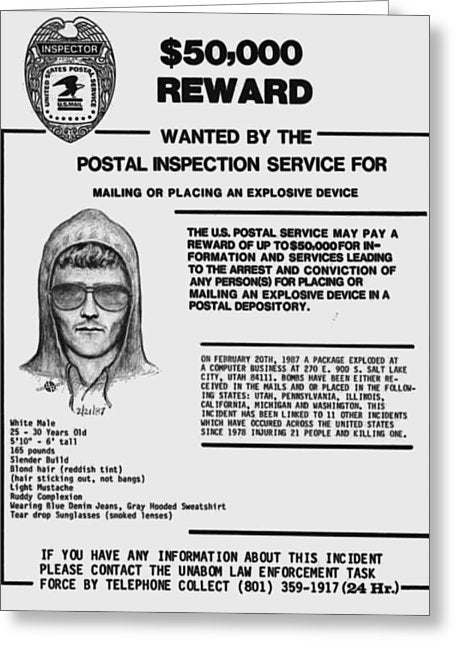 Unabomber Ted Kaczynski Wanted Poster 1 - Greeting Card