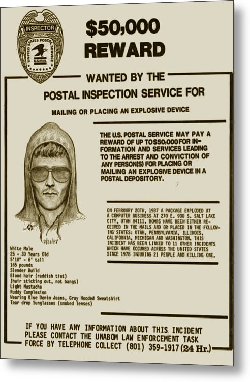 Unabomber Ted Kaczynski Wanted Poster 2 - Metal Print
