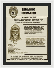 Unabomber Ted Kaczynski Wanted Poster 2 - Framed Print
