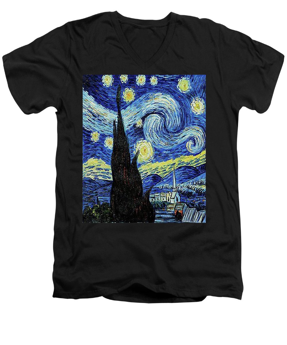Vincent Van Gogh Starry Night Painting - Men's V-Neck T-Shirt Men's V-Neck T-Shirt Pixels Black Small 