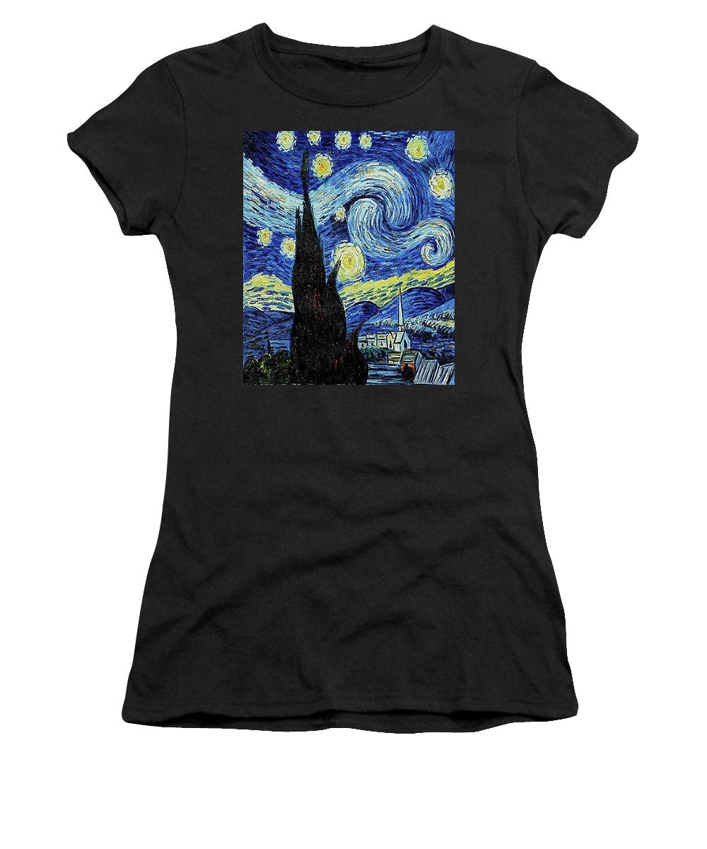 Vincent Van Gogh Starry Night Painting - Women's T-Shirt (Athletic Fit) Women's T-Shirt (Athletic Fit) Pixels Black Small 